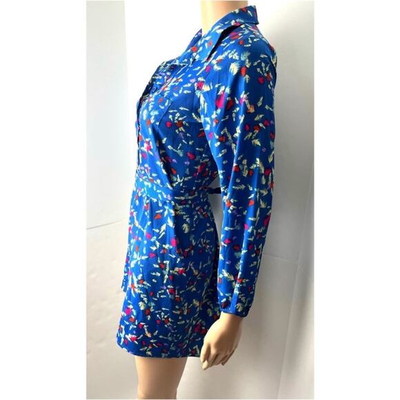 Aqua Long Sleeve Collared Multicolored Floral Print Short Shirt Dress - Picture 3 of 10